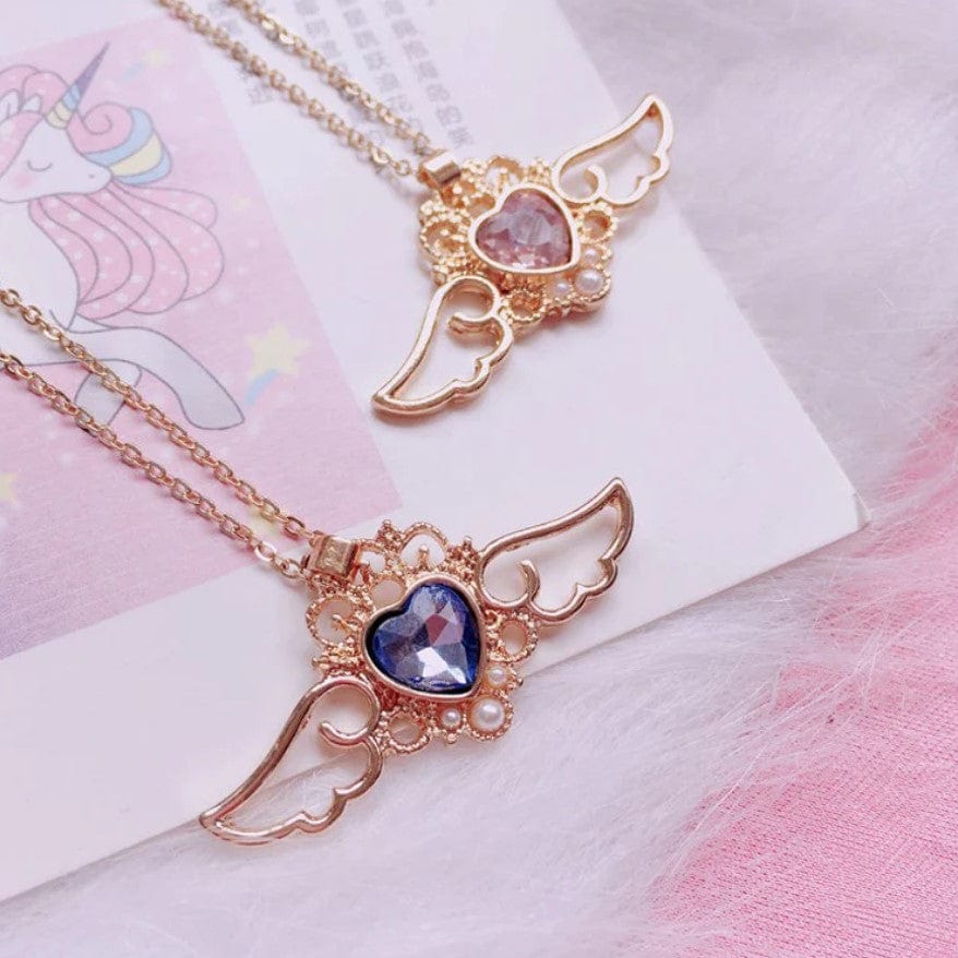 Pearl Crystal Angel Heart Wings Necklace