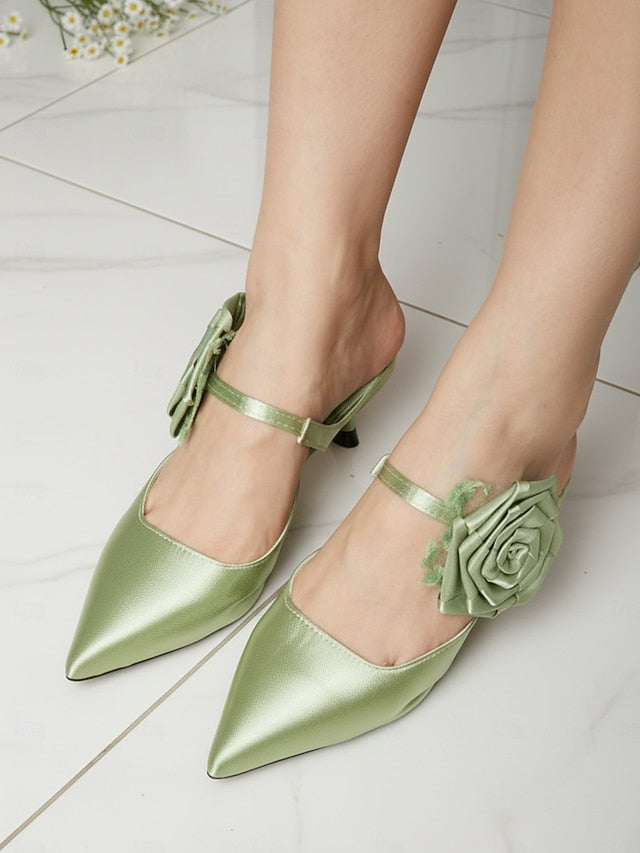 Toe Ankle Floral Pointed Satin Women's Heels with Green