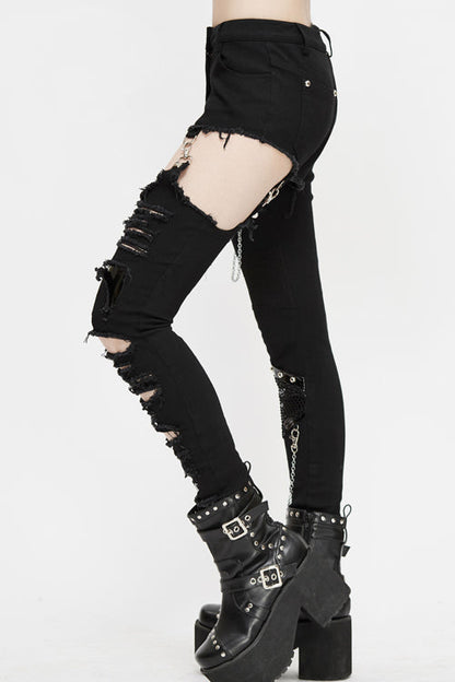 Shadow Spliced Chain-Accented Trousers with Ripped Details