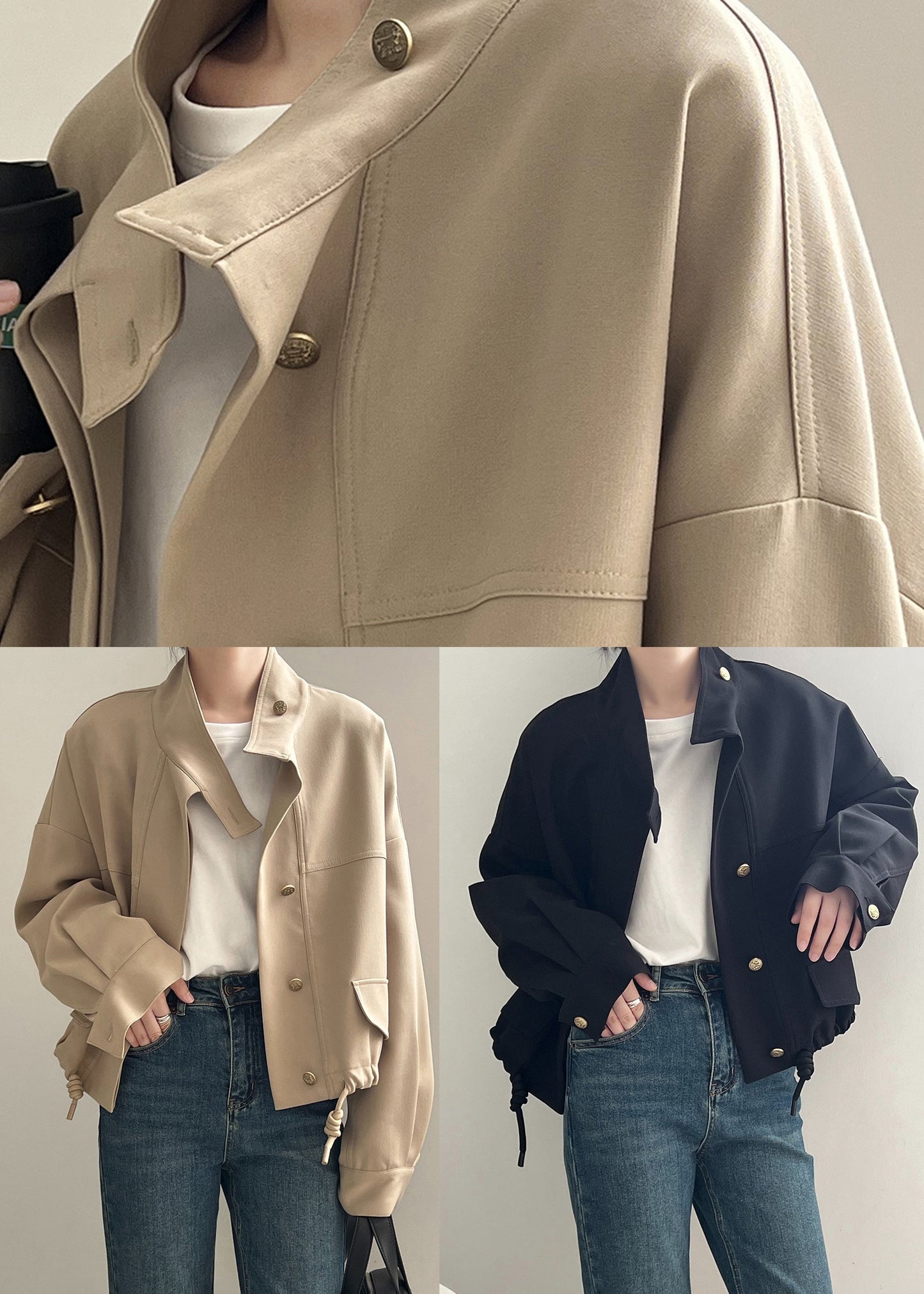 Casual Khaki Stand Collar Drawstring Cotton Coat Outwear Fall AF1013