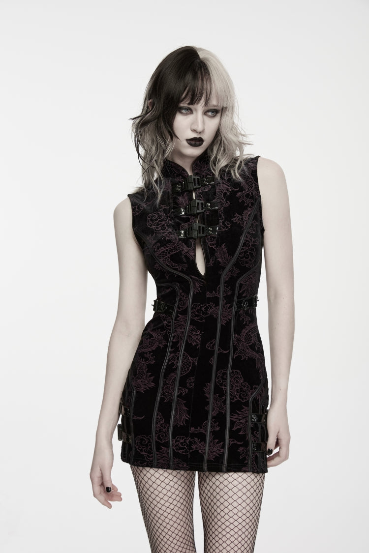 Crimson & Obsidian Stand Collar Sleeveless Jacquard Lace Slim Fit Buckled Punk Luxurious Dress