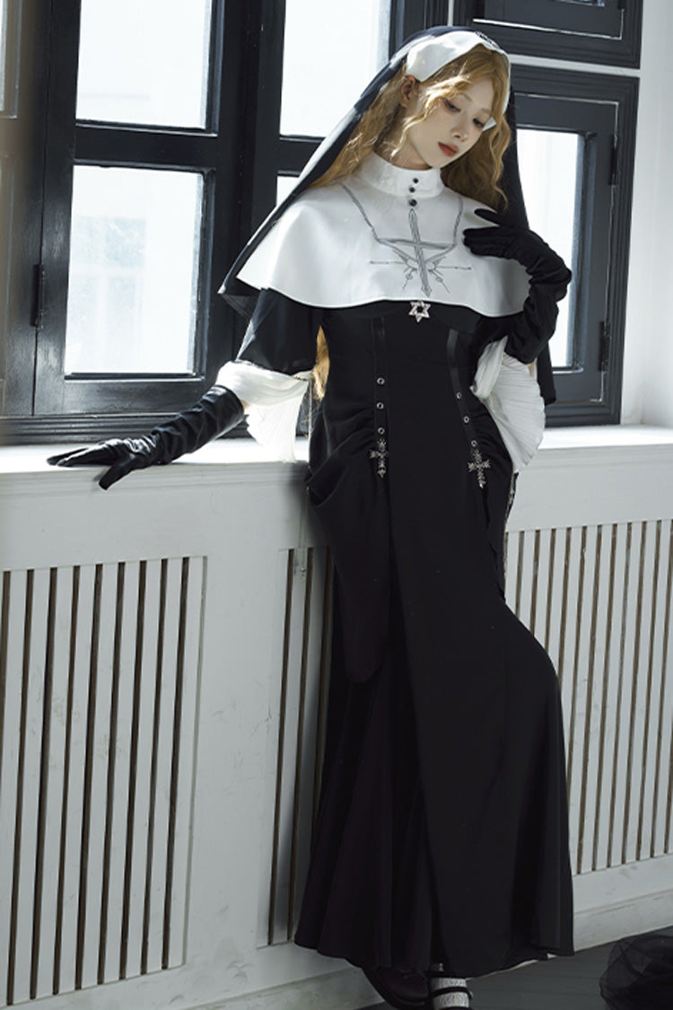 Ebony Short-Sleeve Printed Ruffle Gothic Gown - Halloween Night Temple Nun