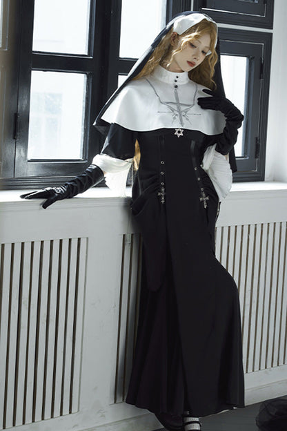 Ebony Short-Sleeve Printed Ruffle Gothic Gown - Halloween Night Temple Nun