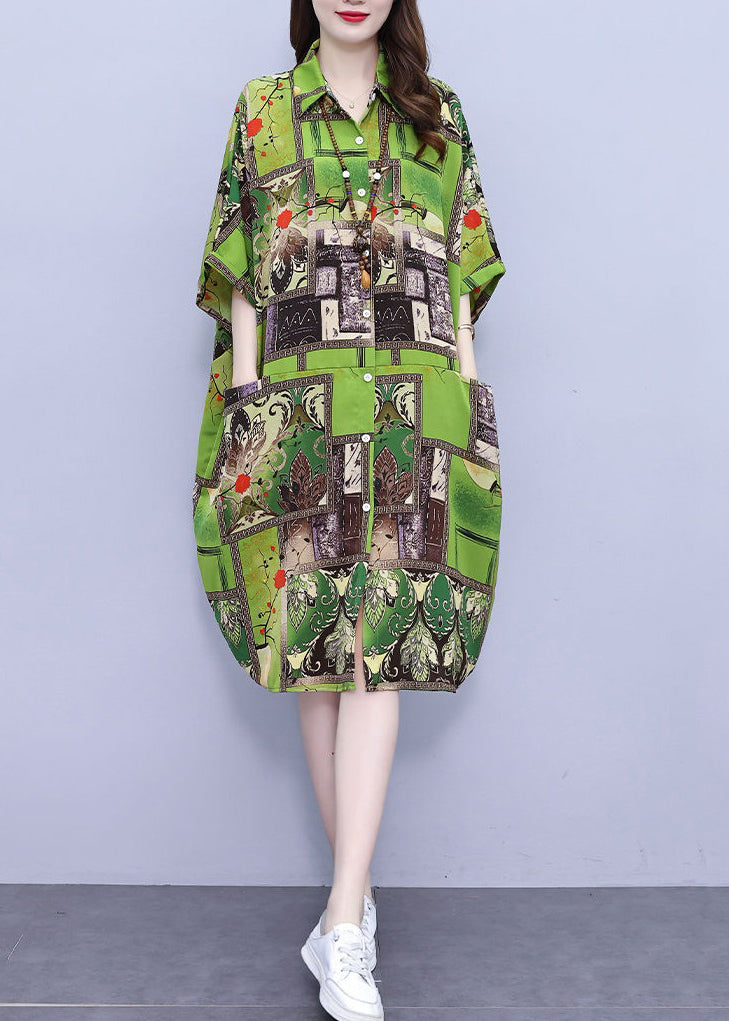 Loose Green Print Pockets Cotton Shirts Dress Half Sleeve NN030