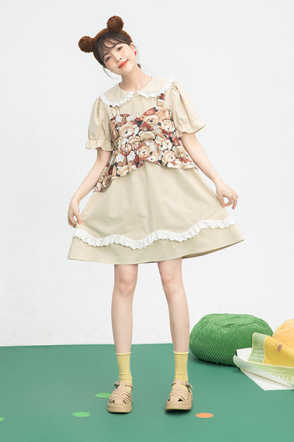 Sweet Lolita Frocks with Doll Collar, Bear Print & Faux Two-Piece Design