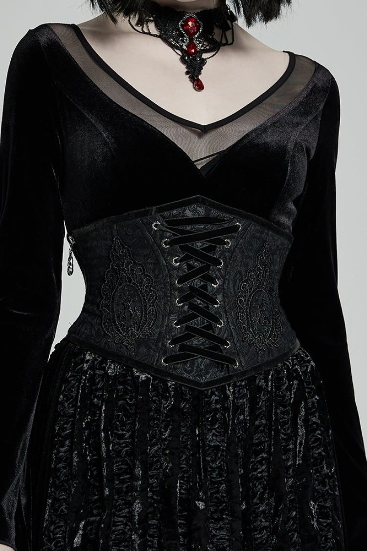 Women's Gothic Corset with Side Zipper and Lace-Up in Black Jacquard