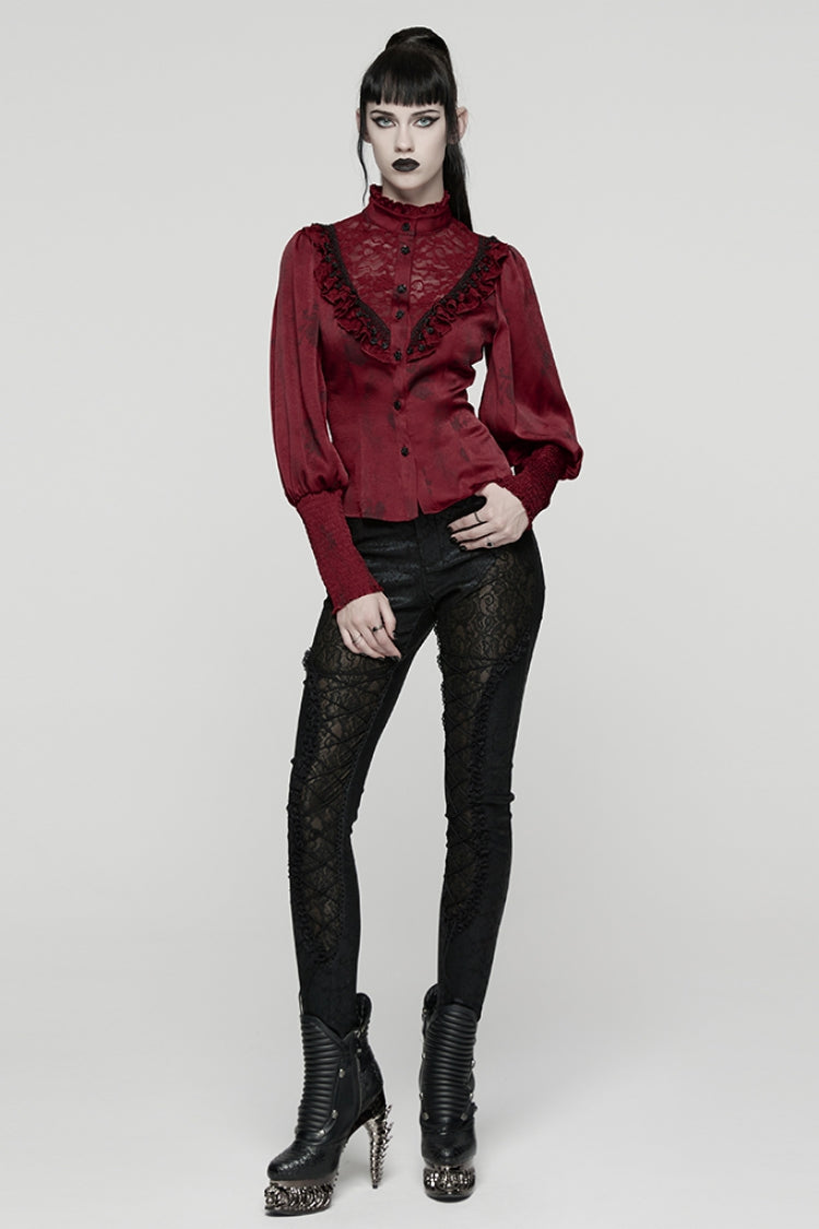 Crimson High-Neck Gothic Ruffled Blouse with Puffed Sleeves and Lace
