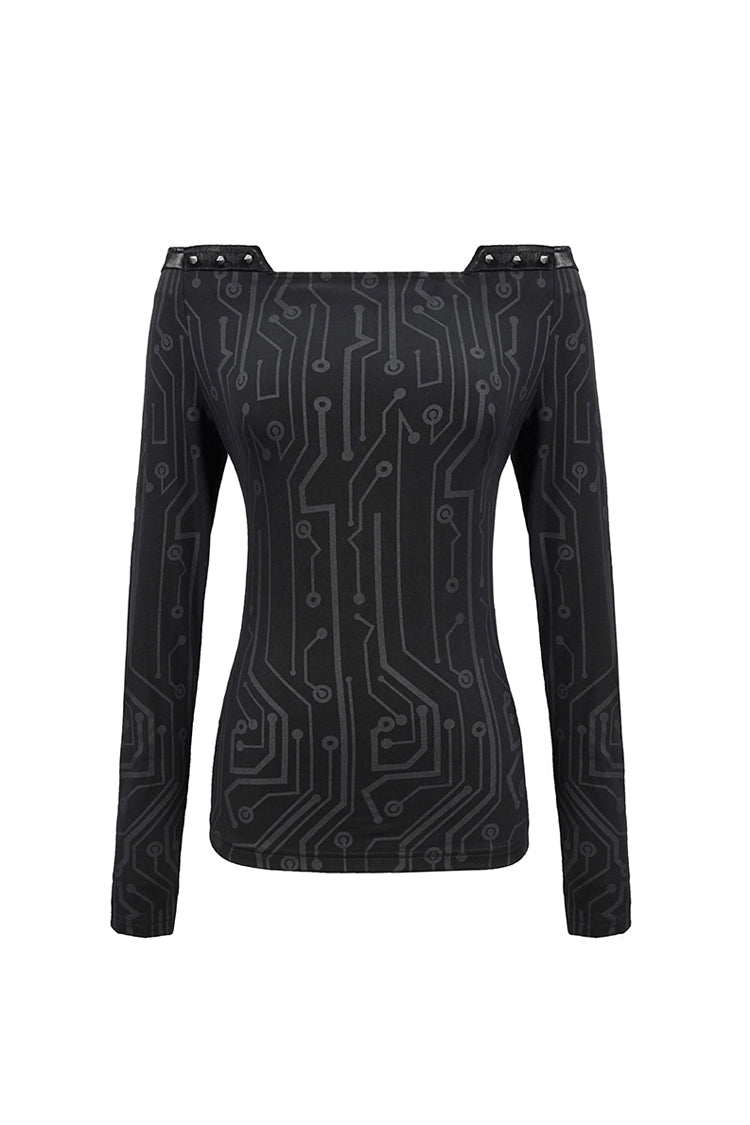 Circuit Pattern Off-Shoulder Rivet Tight T-Shirt for Women