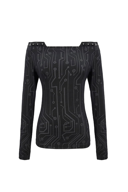 Circuit Pattern Off-Shoulder Rivet Tight T-Shirt for Women