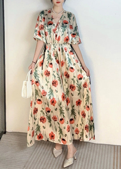 Handgemachtes Apricot V-Ausschnitt Print Cinched Holiday Long Dress Sommer AO1028 