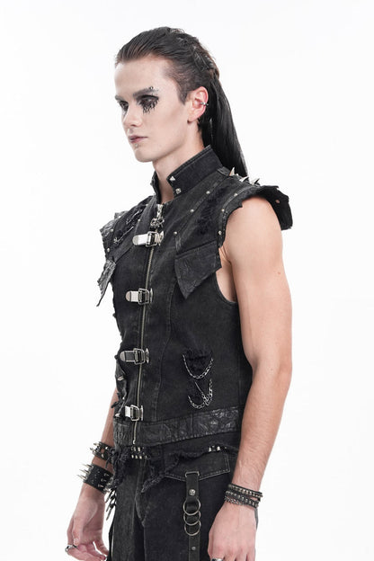 Men's Black Gothic Vest, Sleeveless with Rivets and Chain Rings