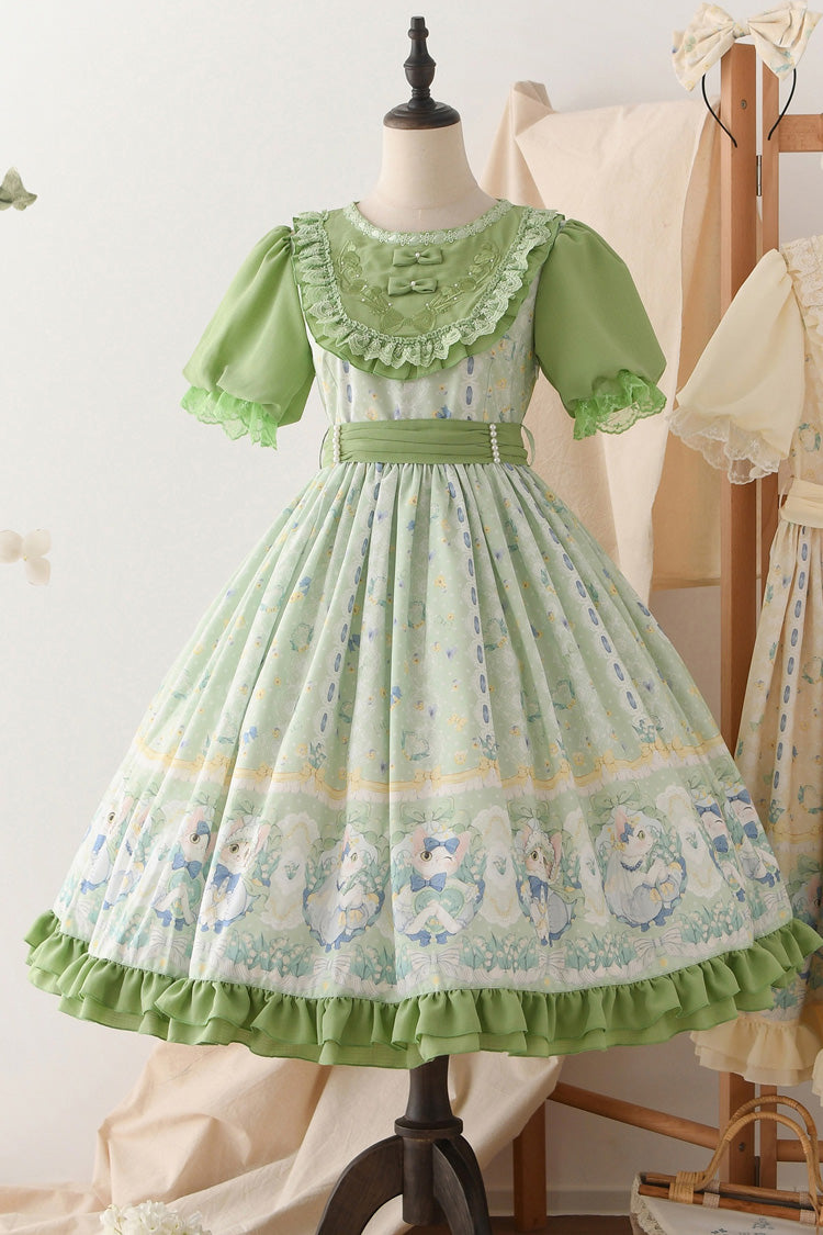 Emerald Lily Valley Cat Printed Embroidery Bowknot Sweet Dress