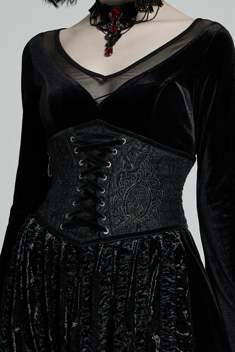 Women's Gothic Corset with Side Zipper and Lace-Up in Black Jacquard