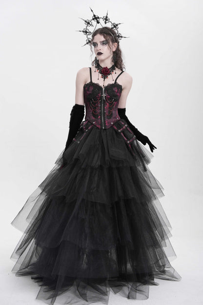 Crimson Gothic Vest with Embroidery Lace and Chain Details