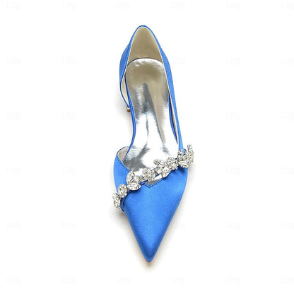 Shoes Pointed with Toe Crystal Wedding Satin Flat and White