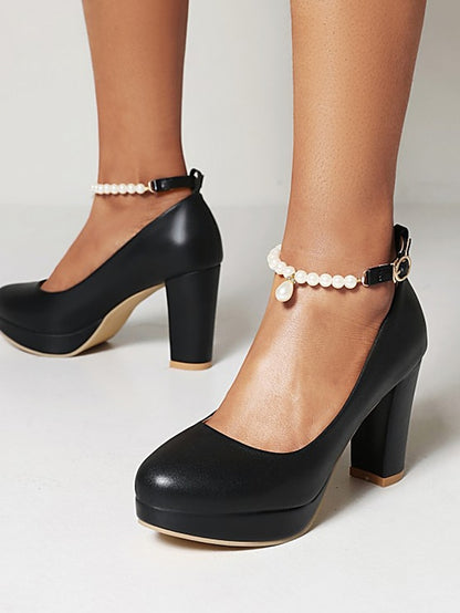 – White Strap Pumps High Women's Ankle with Pearl Heel