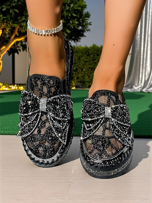 Slip-On Lace Black Shoes Women's with Bow Rhinestone