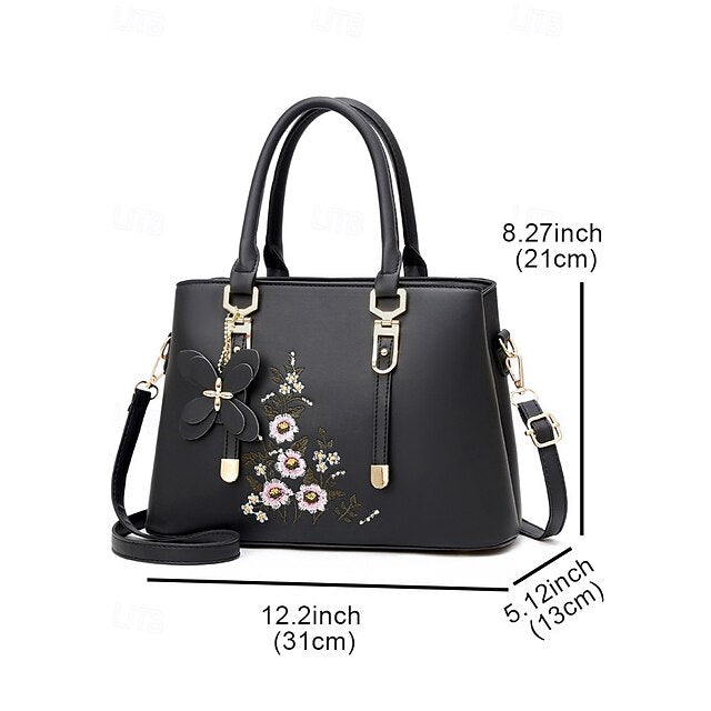 Faux Women's Handbag Embroidery Floral with Leather Green