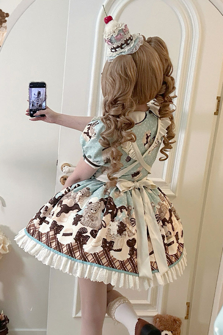 Peppermint Chocolate Cake Bear Print Lace-Up Lolita Dress with Bow - Sweet