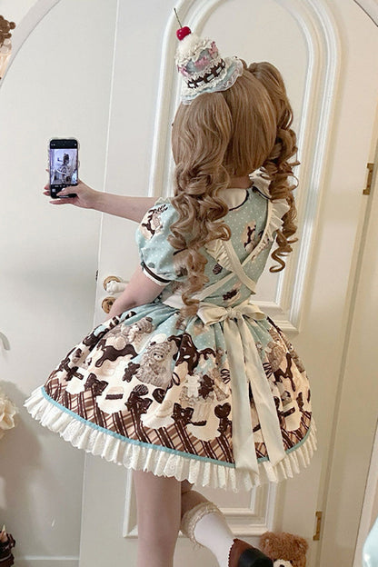 Peppermint Chocolate Cake Bear Print Lace-Up Lolita Dress with Bow - Sweet