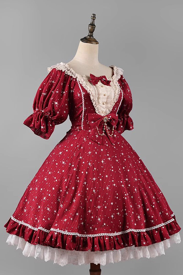 Midsummer Galaxy Star Print Short Sleeve Ruffled Bow Lolita OP Gown