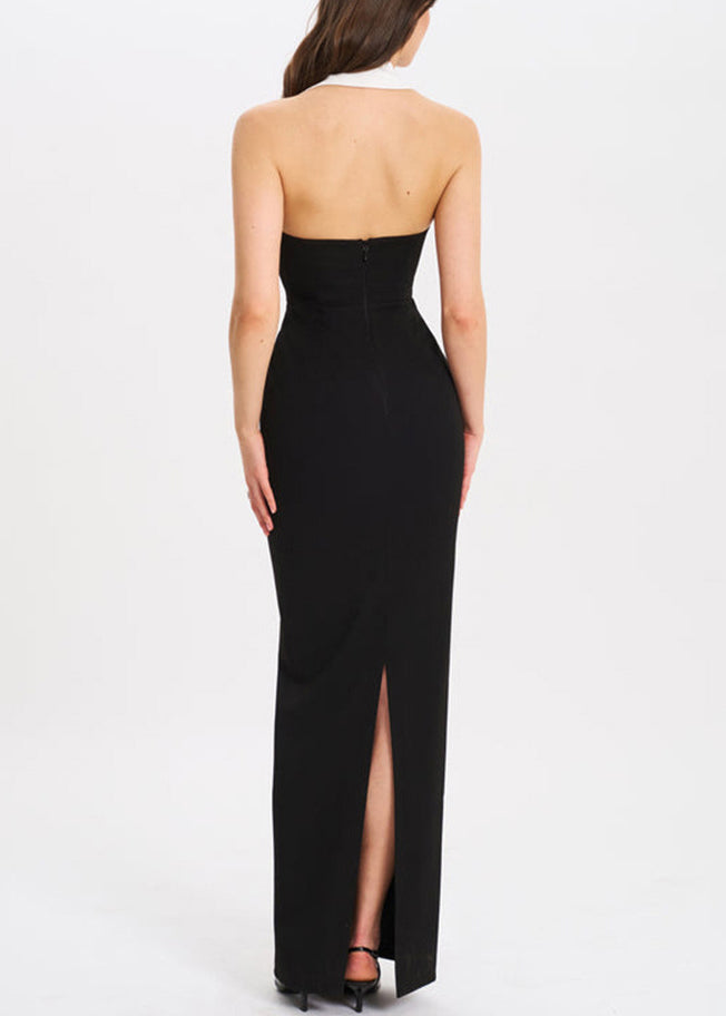 Side Long Notched Dresses French Cotton Backless Open Black