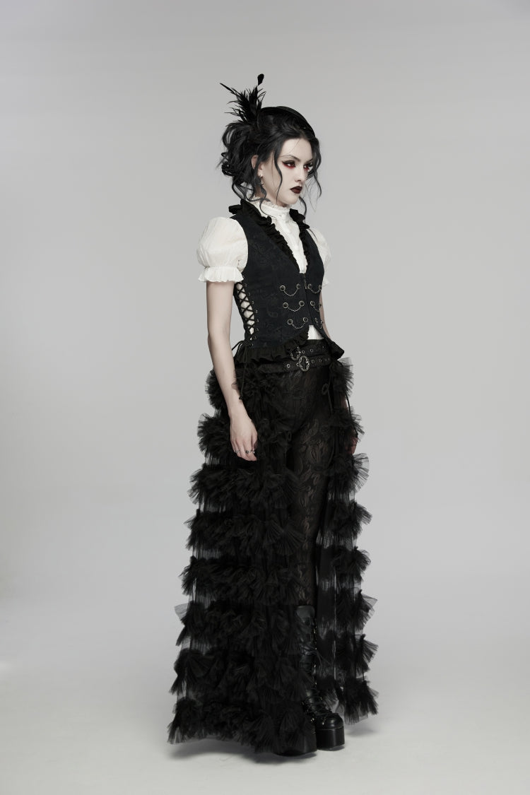 Women's Gothic Palace Vest with Lace-Up and Slim Pleated Design in Black Jacquard