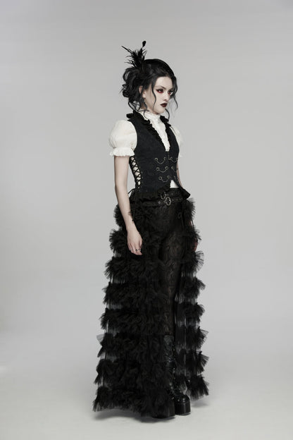 Women's Gothic Palace Vest with Lace-Up and Slim Pleated Design in Black Jacquard