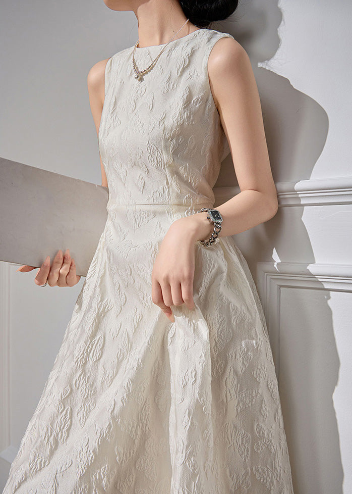 High White Dresses Waist O-Neck Sleeveless Jacquard Long Cotton