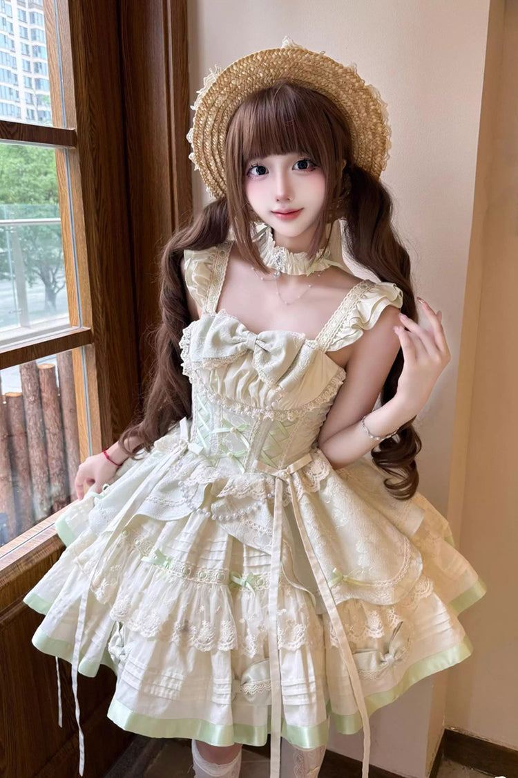 Sleeveless Ruffle Bowknot Lace Sweet Ballet Lolita JSK Dress in Mint Milk Green
