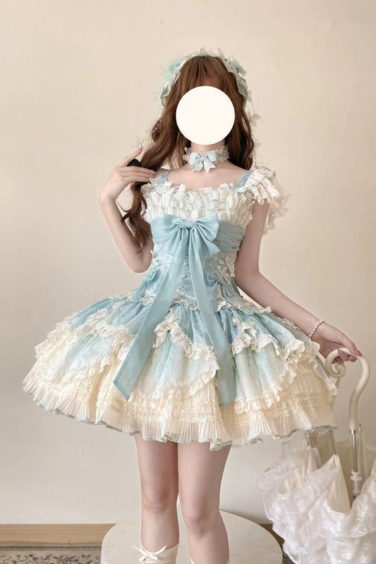 Emerald Short Sleeve Multi-Layer Ruffle Embroidery Bow Lace-Up Sweet Elegant Ballet Lolita Jumper Dress
