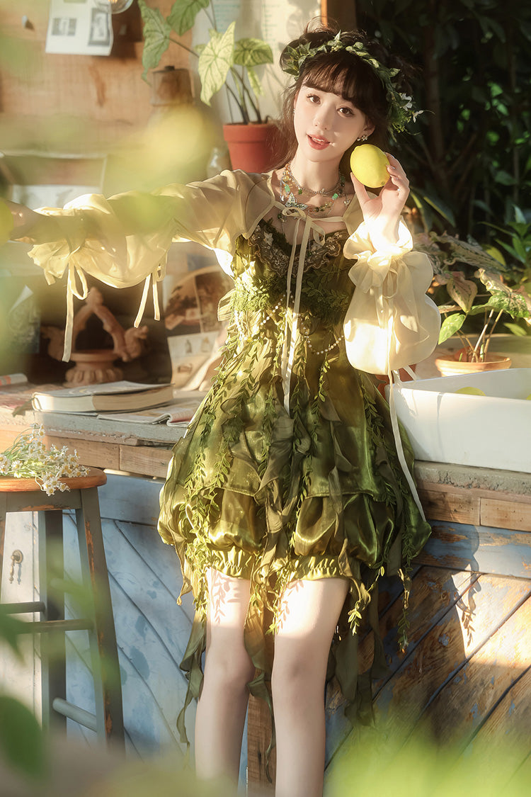 Emerald Leaf Decoration Ruffle Asymmetric Sweet Lolita Jumper Dress Set