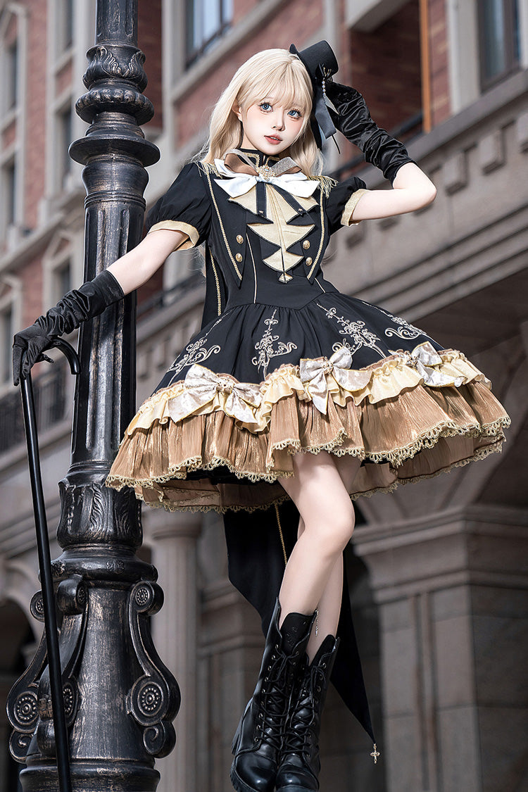 Ebony Short-Sleeve Double-Layered Embroidered Bow Gothic Dress - Gilded Oath