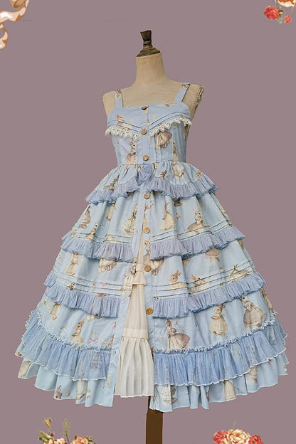 Multi-Layer Ruffle Sweet Elegant Lolita JSK Dress with Rabbit Dance Print - 4 Colors