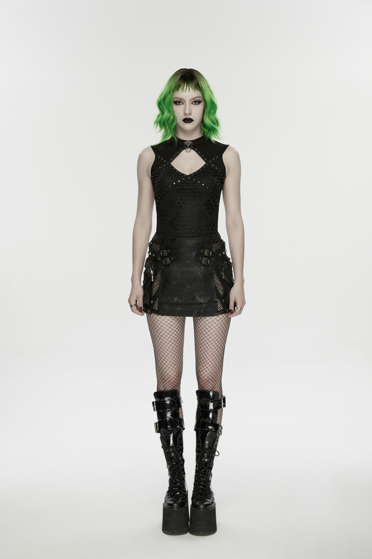 No-Sleeve Ripped Studded Zippered Punk Waistcoat