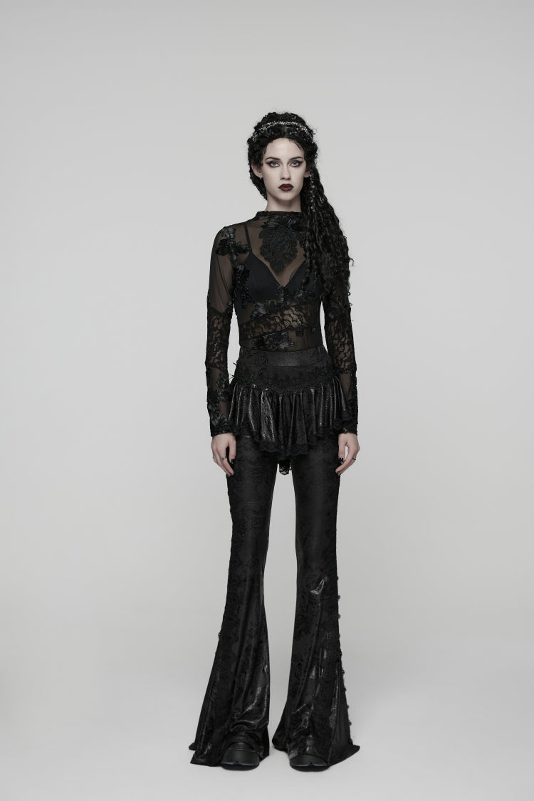 Slim Faux Two-Piece Flared Pants with Lace Accents
