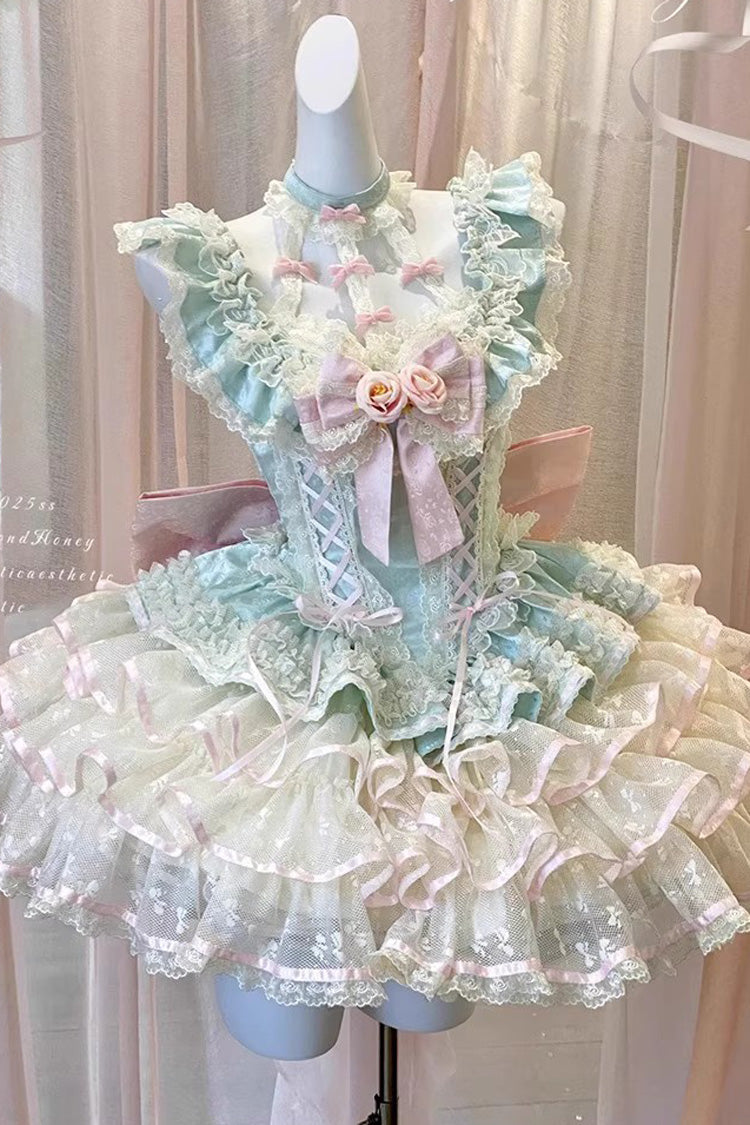 Emerald Halterneck Multi-Layer Ruffle Bow Rose Lace Lace-Up Sweet Ballet Lolita Jumper Dress