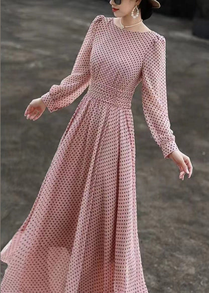 Sleeve Neck Pink Slim Fit Dresses Dot Long O Chiffon