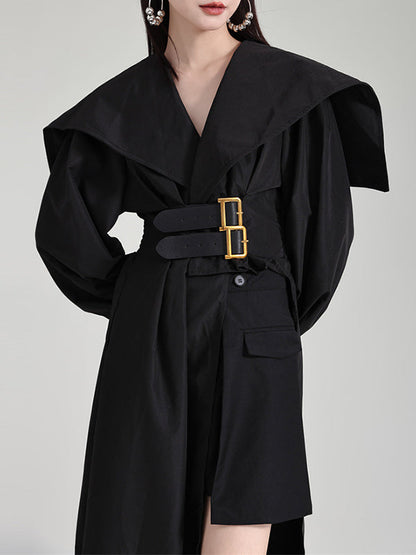 Pleated Black Asymmetric Lapel Waisted Long High Modern Belted