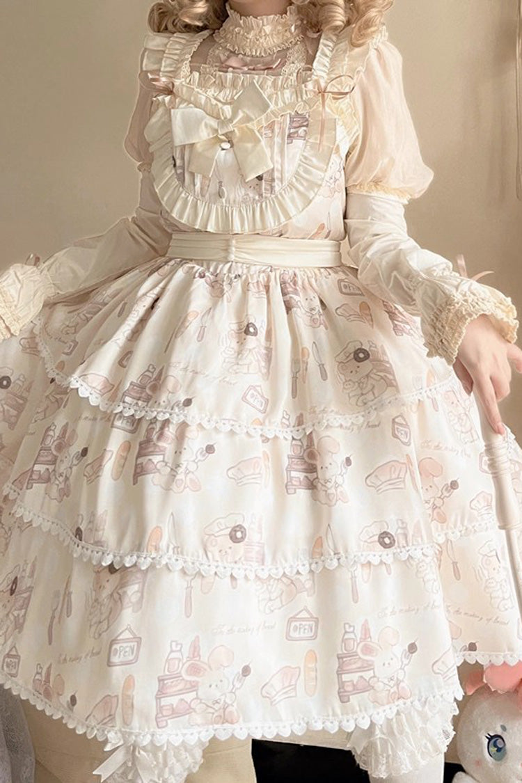 Plus Size Sweet Lolita JSK Gown with Triple-Layer Ruffles & Printed Bow