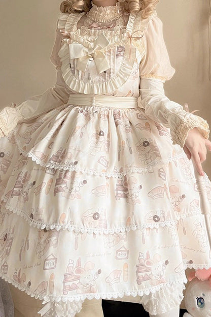 Plus Size Sweet Lolita JSK Gown with Triple-Layer Ruffles & Printed Bow