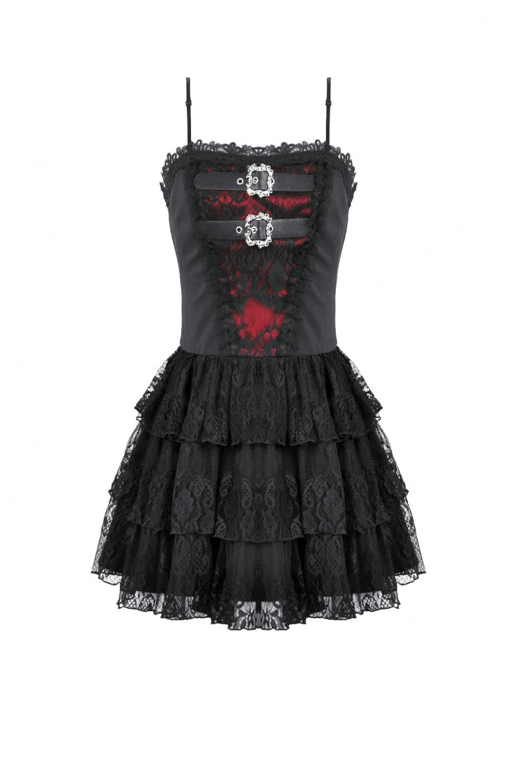 Crimson & Obsidian Sleeveless Multi-Layered Lace Lace-Up Grunge Cake Slip Dress
