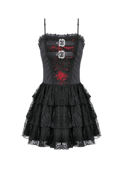 Crimson & Obsidian Sleeveless Multi-Layered Lace Lace-Up Grunge Cake Slip Dress