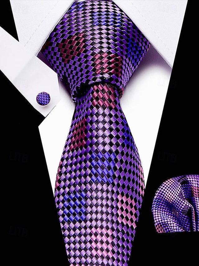 Set Checkered Men's Purple – Square Silk Tie and Pocket