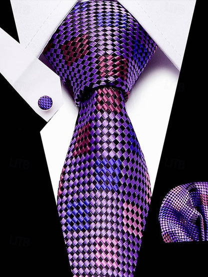 Set Checkered Men's Purple – Square Silk Tie and Pocket