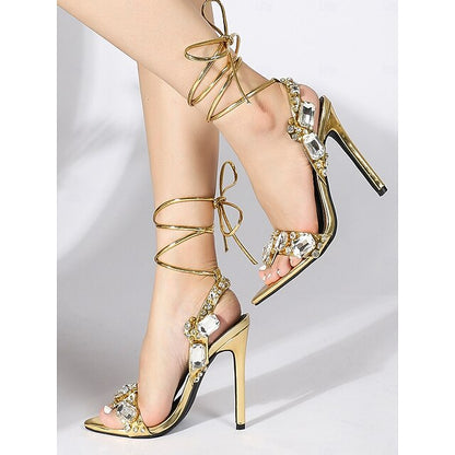 Green Stiletto Women's Heels Metallic Lace-Up with