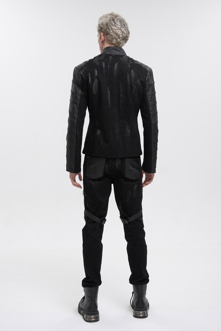 Jet-Black Punk Jacket with Mandarin Collar, Faux Leather Twill for Men