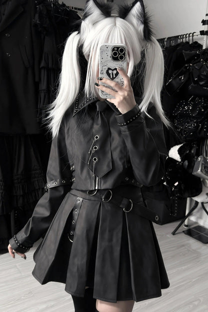 Japanese Handsome Top and Skirt Set with Studded Eyelet in Black
