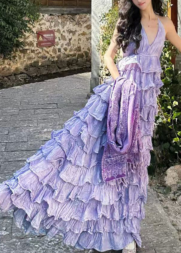 Dresses Maxi Sexy Neck Sleeveless Cotton Purple V Backless
