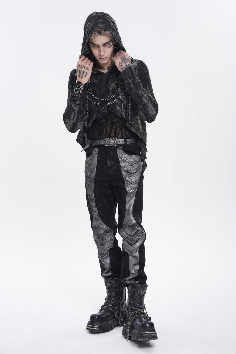 Ebony Long-Sleeve Hooded Sheer Ripped Faux Two-Piece Zip Eyelet Punk Tee